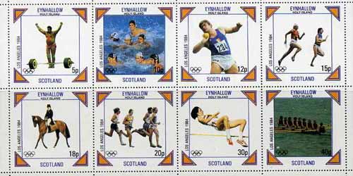 Eynhallow 1984 Los Angeles Olympics complete perf set of 8 values unmounted mint, stamps on sport   olympics    weightlifting    shot    water polo    baton    show jumping    running    high jump    rowing