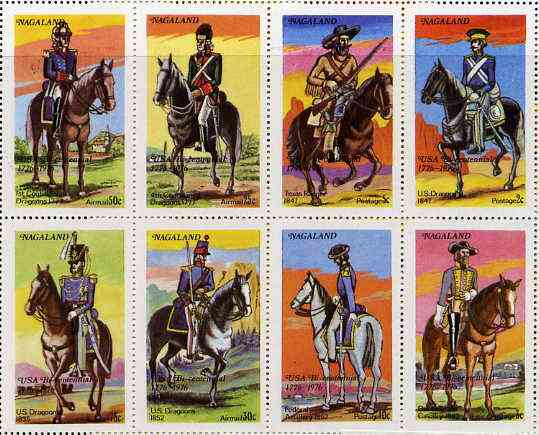 Nagaland 1976 USA Bicentenary (Military Uniforms - On Horseback) complete perf set of 8 values unmounted mint, stamps on militaria, stamps on americana, stamps on horses, stamps on uniforms