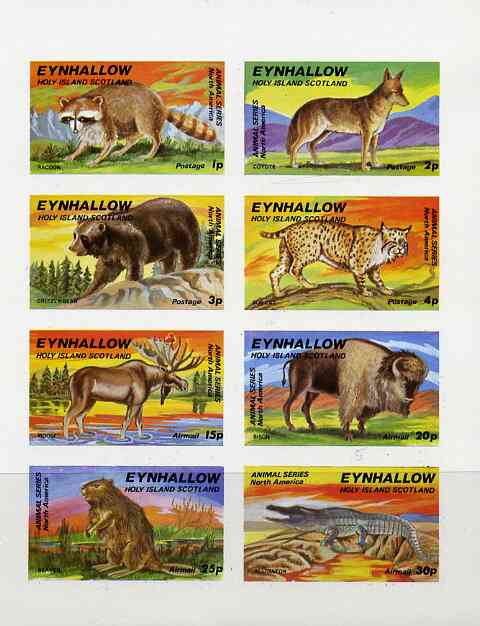 Eynhallow 1977 North American Animals complete imperf set of 8 values unmounted mint, stamps on animals    reptiles    racoon      bear   bison    moose   coyote      bob-cat    beaver    alligator    bovine