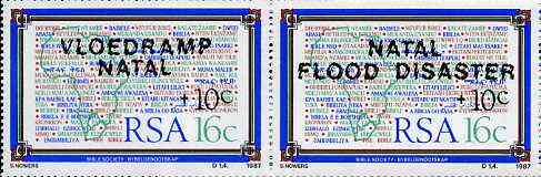 South Africa 1987 Natal Flood Relief Fund #2 (The Bible 16c + 10c) opt se-tenant pair unmounted mint, SG 629a, stamps on disasters, stamps on flood, stamps on religion, stamps on maps, stamps on weather