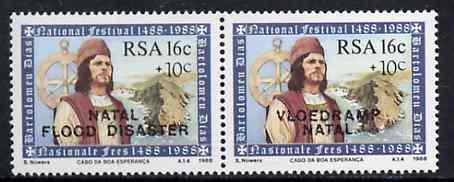 South Africa 1988 Natal Flood Relief Fund #3 (Dias 16c + 10c) opt se-tenant pair unmounted mint, SG 635a, stamps on disasters, stamps on flood, stamps on explorers, stamps on weather