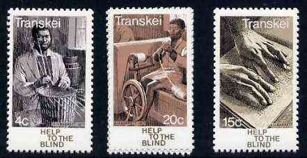 Transkei 1977 Help for the Blind set of 3 unmounted mint, SG 30-32, stamps on blind, stamps on disabled, stamps on spinning, stamps on weaving, stamps on textiles, stamps on basketry, stamps on 