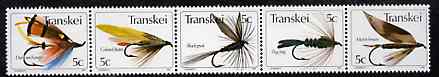Transkei 1980 Fishing Flies #1 strip of 5 unmounted mint, SG 65a, stamps on fishing