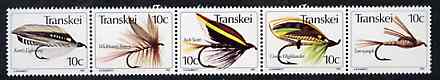 Transkei 1981 Fishing Flies #2 strip of 5 unmounted mint, SG 83a, stamps on fishing, stamps on scots, stamps on scotland