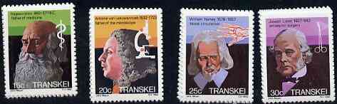 Transkei 1982 Celebrities of Medicine #1 set of 4 unmounted mint, SG 108-11, stamps on personalities, stamps on medical, stamps on doctors, stamps on microscopes, stamps on chemistry