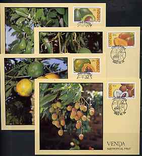 Venda 1983 Subtropical Fruit set of 4 each on maximum card cancelled first day of iussue, SG 83-86*, stamps on fruit     avocado     mango     papaya      litchi