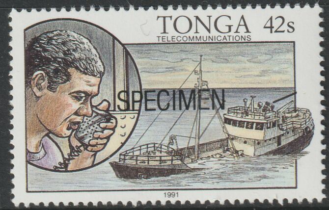 Tonga 1991 Ship Sinking 42s opt'd SPECIMEN, from Telecommunications, as SG 1142 unmounted mint, stamps on ships, stamps on shipwrecks, stamps on disasters, stamps on rescue, stamps on microphone, stamps on communications