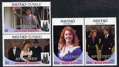Tuvalu - Niutao 1986 Royal Wedding (Andrew & Fergie) set of 4 (2 se-tenant pairs) opt'd SPECIMEN in silver unmounted mint, stamps on royalty, stamps on andrew, stamps on fergie, stamps on police