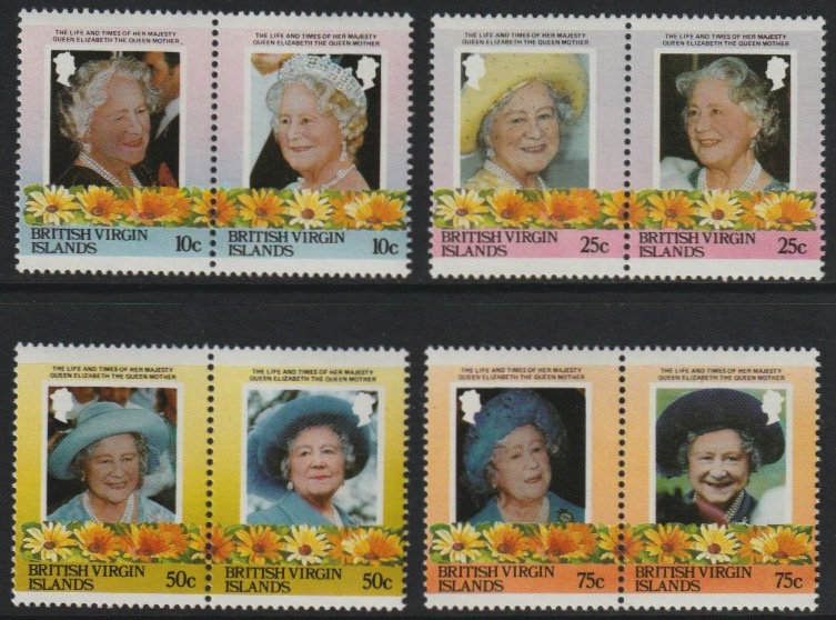 British Virgin Islands 1985 Life & Times of HM Queen Mother set of 8 (4 se-tenant pairs) unmounted mint SG 579-86A, stamps on royalty        flowers      queen mother