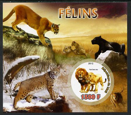 Mali 2012 Fauna - Big Cats imperf m/sheet containing 1500f circular value unmounted mint, stamps on shaped, stamps on animals, stamps on cats, stamps on lions