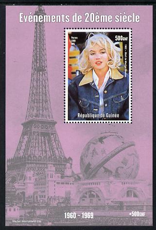 Guinea - Conakry 1998 Events of the 20th Century 1960-1969 Death of Marilyn Monroe perf souvenir sheet unmounted mint. Note this item is privately produced and is offered purely on its thematic appeal, stamps on millennium, stamps on eiffel tower, stamps on personalities, stamps on films, stamps on cinema, stamps on movies, stamps on music, stamps on marilyn, stamps on monroe