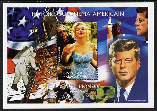 Madagascar 1999 History of American Cinema - Marilyn Monroe #2 (with JFK & Apollo 11 in background) perf m/sheet unmounted mint. Note this item is privately produced and is offered purely on its thematic appeal , stamps on personalities, stamps on kennedy, stamps on usa presidents, stamps on americana, stamps on films, stamps on cinema, stamps on movies, stamps on music, stamps on marilyn, stamps on monroe, stamps on apollo, stamps on moon, stamps on space, stamps on rockets