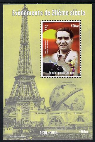 Guinea - Conakry 1998 Events of the 20th Century 1930-1939 Assasination of Federico Garcia Lorca perf souvenir sheet unmounted mint. Note this item is privately produced ..., stamps on personalities, stamps on millennium, stamps on poetry, stamps on poets, stamps on theatre, stamps on eiffel tower