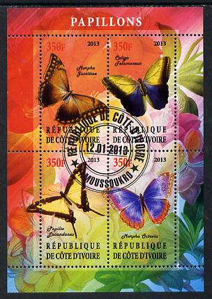 Ivory Coast 2013 Butterflies #1 perf sheetlet containing 4 values fine cto used, stamps on , stamps on  stamps on butterflies