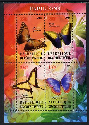 Ivory Coast 2013 Butterflies #1 perf sheetlet containing 4 values unmounted mint, stamps on butterflies