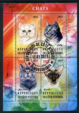 Ivory Coast 2013 Domestic Cats #1 perf sheetlet containing 4 values fine cto used, stamps on cats