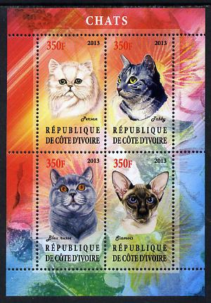Ivory Coast 2013 Domestic Cats #1 perf sheetlet containing 4 values unmounted mint, stamps on cats