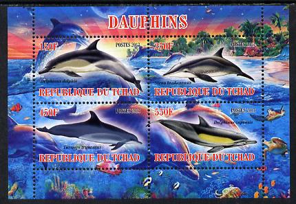 Chad 2013 Dolphins perf sheetlet containing 4 values unmounted mint, stamps on dolphins, stamps on marine life