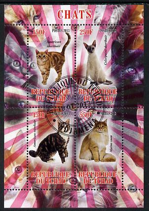Chad 2013 Domestic Cats perf sheetlet containing 4 values fine cto used, stamps on cats
