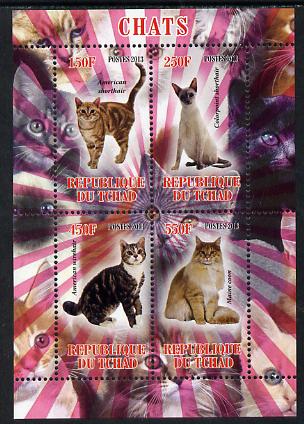 Chad 2013 Domestic Cats perf sheetlet containing 4 values unmounted mint, stamps on cats