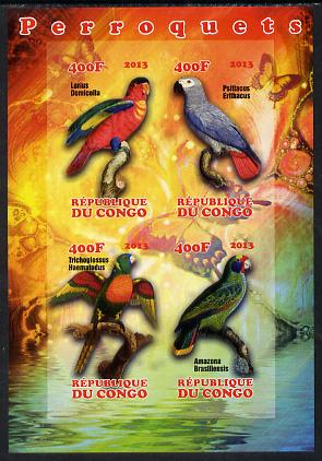 Congo 2013 Parrots imperf sheetlet containing 4 values unmounted mint, stamps on birds, stamps on parrots