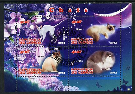 Congo 2013 Domestic Cats perf sheetlet containing 4 values fine cto used, stamps on cats