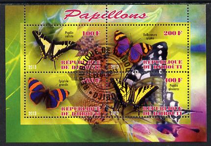 Djibouti 2013 Butterflies #5 perf sheetlet containing 4 values fine cto used, stamps on butterflies