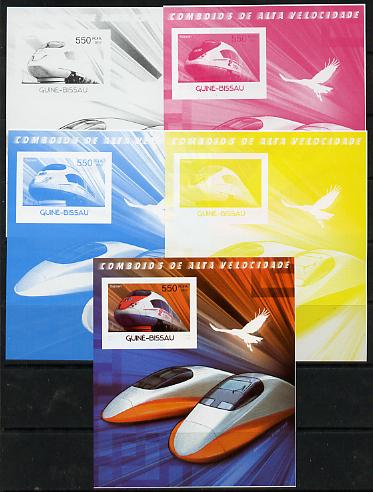 Guinea - Bissau 2012 High Speed Trains - Sapsan souvenir sheet - the set of 5 imperf progressive proofs comprising the 4 individual colours plus all 4-colour composite, u..., stamps on railways