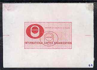 Brazil - 1967 (?) Die proof for International Coffee Organisation label in red (mounted on corners and extracted from Bradbury Wilkinson record books), stamps on coffee     drink