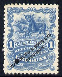 Uruguay 1900 Cattle 1c Printers sample in blue (issued stamp was green) overprinted Waterlow & Sons SPECIMEN with security punch hole without gum, as SG 230, stamps on cattle, stamps on bovine