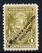 Uruguay 1892 Coat of Arms 1c Printers sample in olive (issued stamp was green) overprinted Waterlow & Sons SPECIMEN with security punch hole without gum, as SG 138, stamps on arms, stamps on heraldry