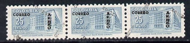 Colombia 1953 Post Office 25c strip of 3 with opt doubled, one obliquely unmounted mint (SG 771a but unpriced), stamps on postal
