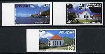 French Polynesia 1986 Protestant Churches imperf set of 3 each in gutter pair with label between from limited printing, unmounted mint as SG 495-97, stamps on churches, stamps on anchors
