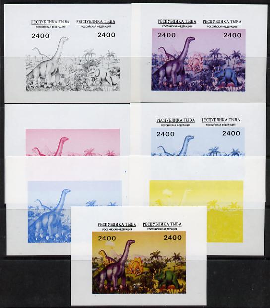 Touva 1995 Prehistoric Animals composite s/sheet containing 2 values - the set of 7 imperf progressive proofs comprising the 4 individual colours plus 2, 3 & all 4-colour composite, unmounted mint , stamps on dinosaurs