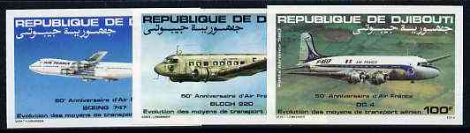 Djibouti 1983 Air France Anniversary set of 3 imperf from limited printing unmounted mint, as SG 875-77*, stamps on aviation, stamps on bloch, stamps on boeing, stamps on douglas, stamps on dc, stamps on 747