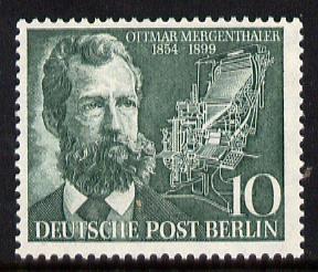 Germany - West Berlin 1954 Mergenthaler Birth Centenary 10pf (Linotype Machine Inventor) unmounted mint SG B114, stamps on , stamps on  stamps on personalities, stamps on  stamps on printing, stamps on  stamps on inventors
