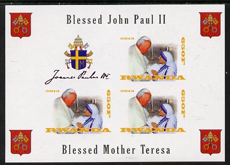 Rwanda 2013 Pope John Paul with Mother Teresa imperf sheetlet containing 3 values & label unmounted mint, stamps on , stamps on  stamps on personalities, stamps on  stamps on pope, stamps on  stamps on popes, stamps on  stamps on religion, stamps on  stamps on arms, stamps on  stamps on nobel, stamps on  stamps on peace, stamps on  stamps on women