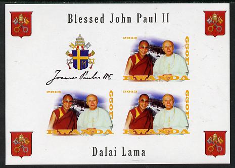 Rwanda 2013 Pope John Paul with Dalai Lama imperf sheetlet containing 3 values & label unmounted mint, stamps on personalities, stamps on pope, stamps on popes, stamps on religion, stamps on arms, stamps on nobel, stamps on peace, stamps on 