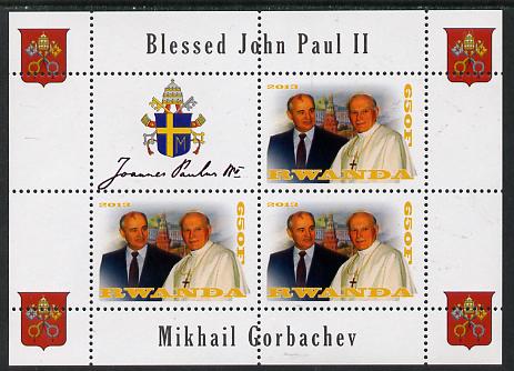 Rwanda 2013 Pope John Paul with Mikhail Gorbachev perf sheetlet containing 3 values & label unmounted mint, stamps on personalities, stamps on pope, stamps on popes, stamps on religion, stamps on arms, stamps on constitutions