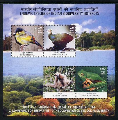 India 2012 Biodiversity perf sheetlet containing set of 4 unmounted mint, stamps on birds, stamps on apes, stamps on frogs, stamps on environment