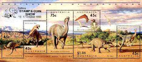 Australia 1993 Prehistoric Animals m/sheet containing complete set of 6, overprinted for Sydney Stamp & Coin Show, see note after SG MS 1429 unmounted mint, stamps on dinosaurs, stamps on stamp exhibitions, stamps on ferns