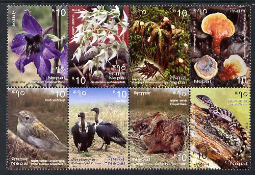 Nepal 2012 Biodiversity Series set of 8 in se-tenant block unmounted mint, stamps on , stamps on  stamps on birds, stamps on  stamps on flowers, stamps on  stamps on fungi, stamps on  stamps on lizards, stamps on  stamps on reptiles, stamps on  stamps on , stamps on  stamps on environment