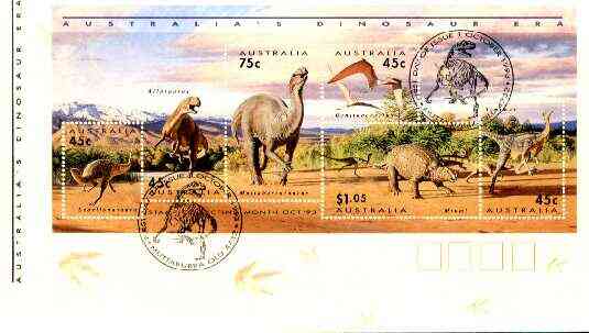 Australia 1993 Prehistoric Animals m/sheet containing complete set of 6 on cover with special first day cancel, SG MS 1429, stamps on dinosaurs, stamps on ferns