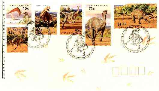 Australia 1993 Prehistoric Animals complete set of 6 on cover with special first day cancel, SG 1423-28, stamps on dinosaurs, stamps on ferns