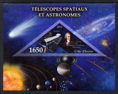 Ivory Coast 2012 Space Telescopes & Astronomers imperf m/sheet containing 1 triangular value unmounted mint, stamps on , stamps on  stamps on telescopes, stamps on  stamps on space, stamps on  stamps on planets, stamps on  stamps on herschel