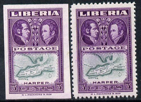 Liberia 1952 Ashmun 3c Map of Harper imperf proof in issued colours plus perf normal both unmounted mint (as SG 717), stamps on 