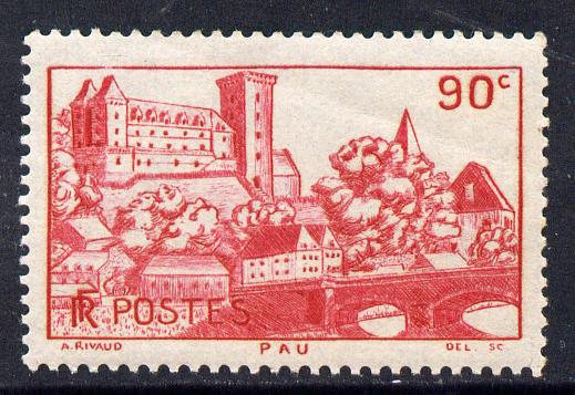 France 1938-39 Chateau de Pau 90c red on blue unmounted mint SG 594a, stamps on 