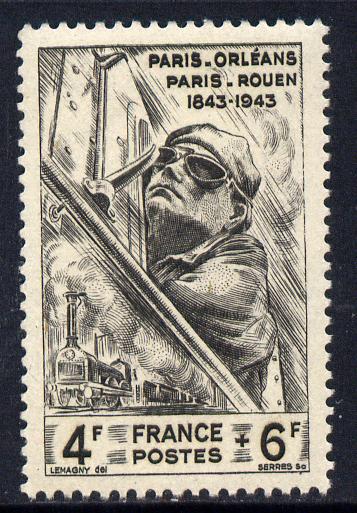 France 1944 National Relief Fund - Railways 4f+6f unmounted mint SG 830, stamps on railways