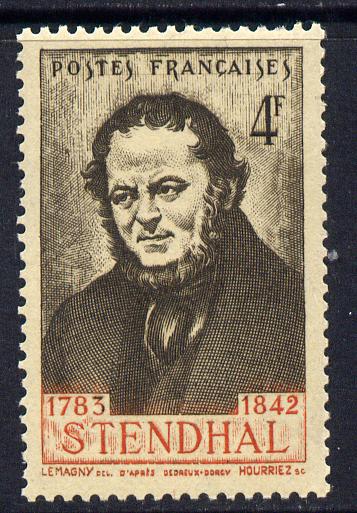 France 1942 Death Centenary of Stendhal (novelist) 4f sepia & red unmounted mint SG 755, stamps on personalities, stamps on literature
