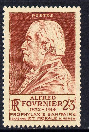 France 19446 Alfred Fournier (dermatologist) 2f+3f brown-lake unmounted mint SG 960, stamps on personalities, stamps on science, stamps on medical